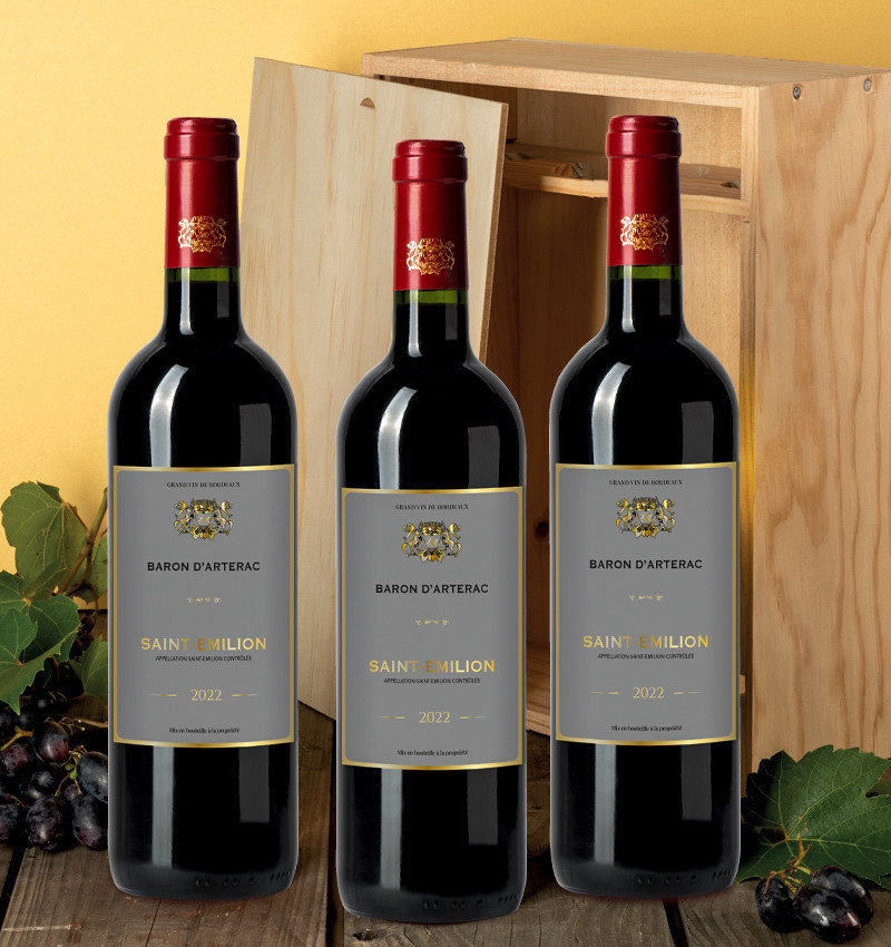 Caisse bois - 3 Saint-Emilion AOC - Baron d'Artérac 2022